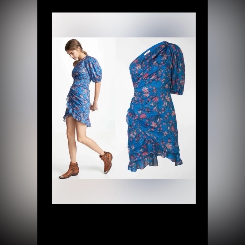 Isabel Marant Etoile Faux Wrap Puff Sleeve Mini Dress Cotton Blue Floral Size 10